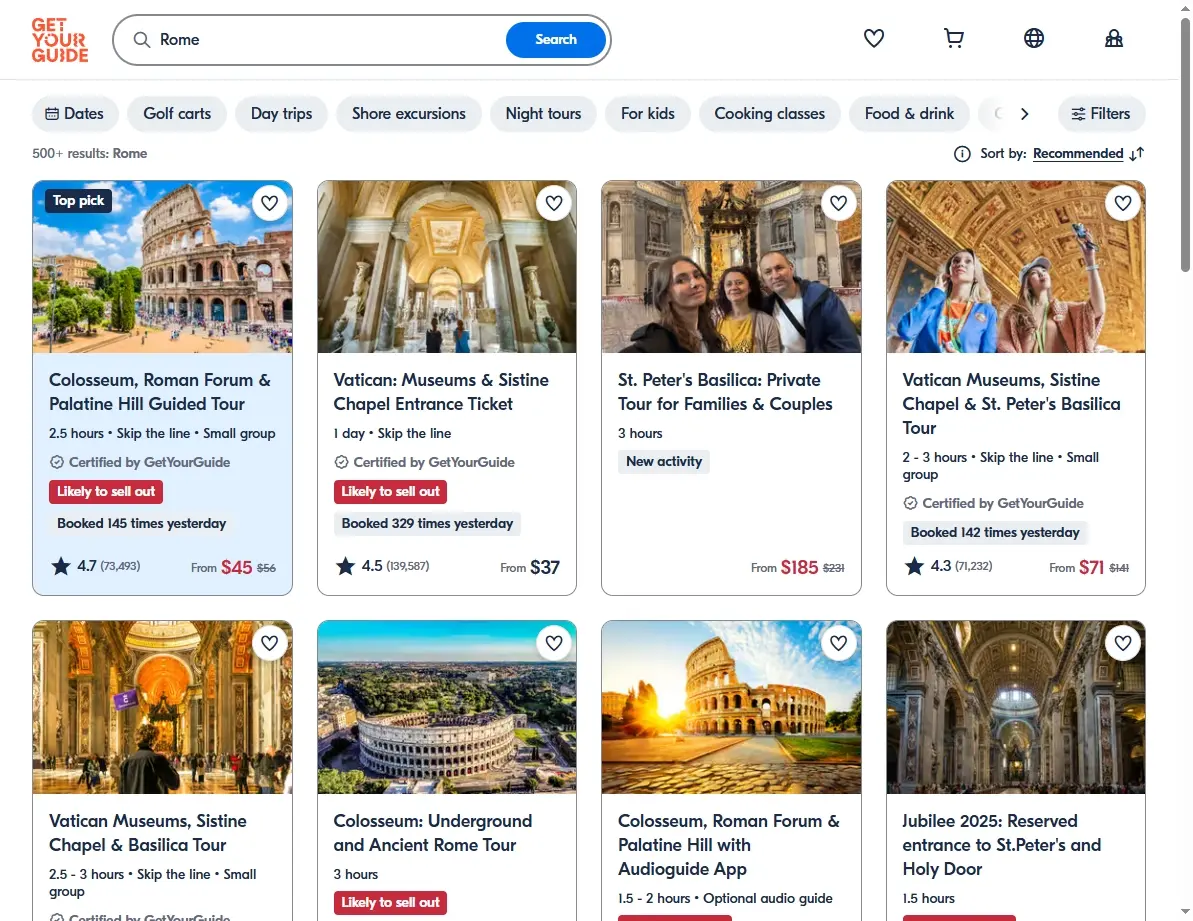 Screenshot of guided tours and activities in Rome, showing the Colosseum.
