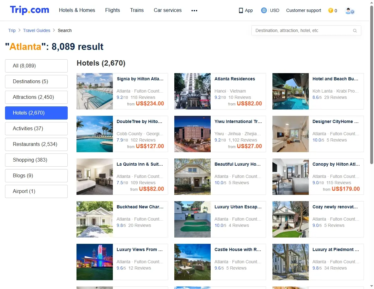 A screenshot of a hotel booking website showing various hotel deals in Atlanta, Georgia.