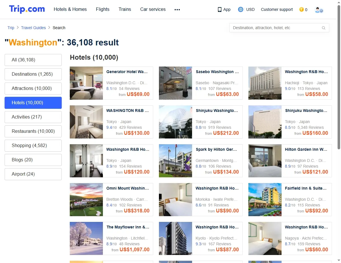 Screenshot of hotel offers for Washington D.C. on a booking website.