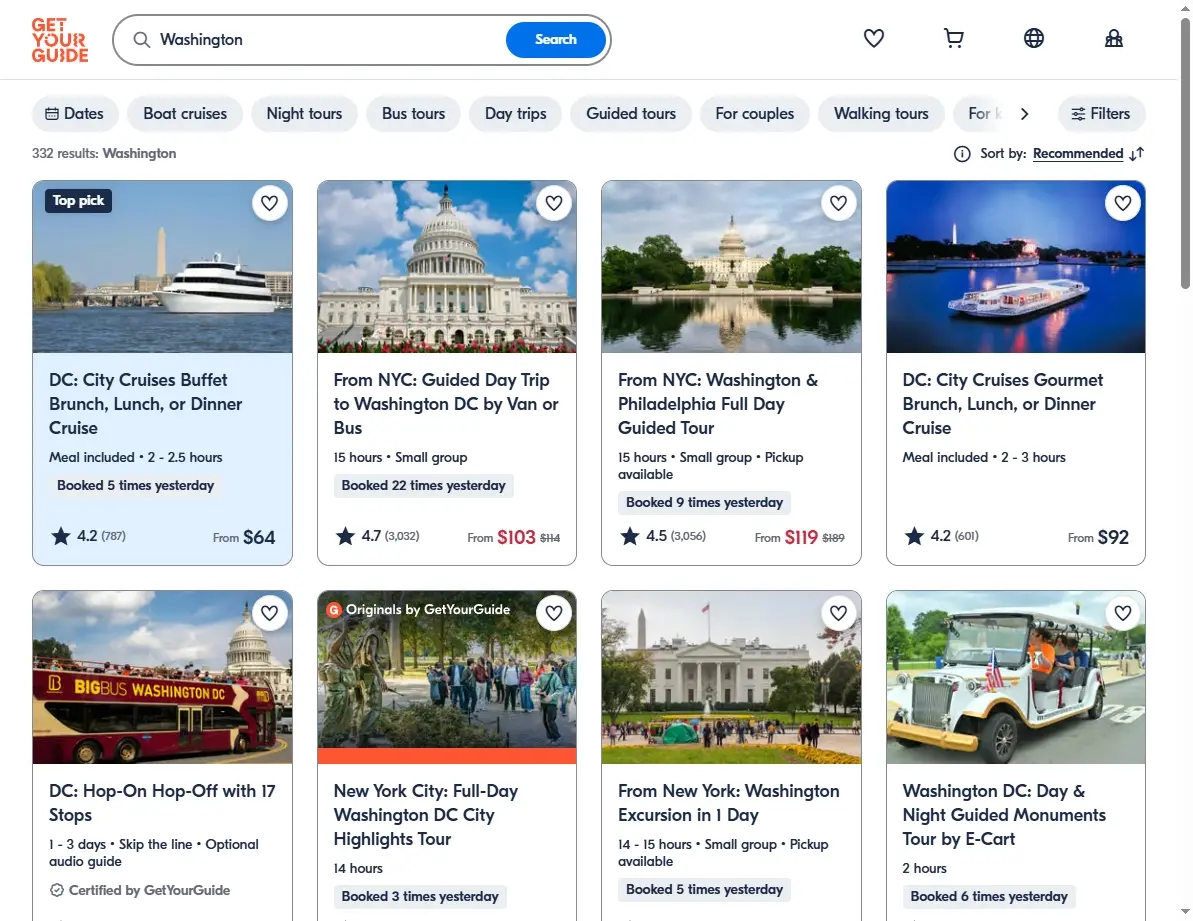 Screenshot of tour and activity offers for Washington D.C. on an activities booking platform.
