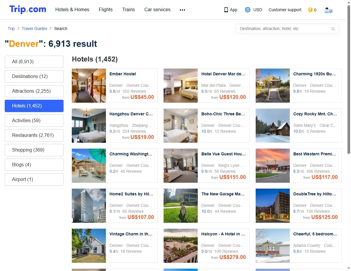 Screenshot of hotel offers in Denver, Colorado