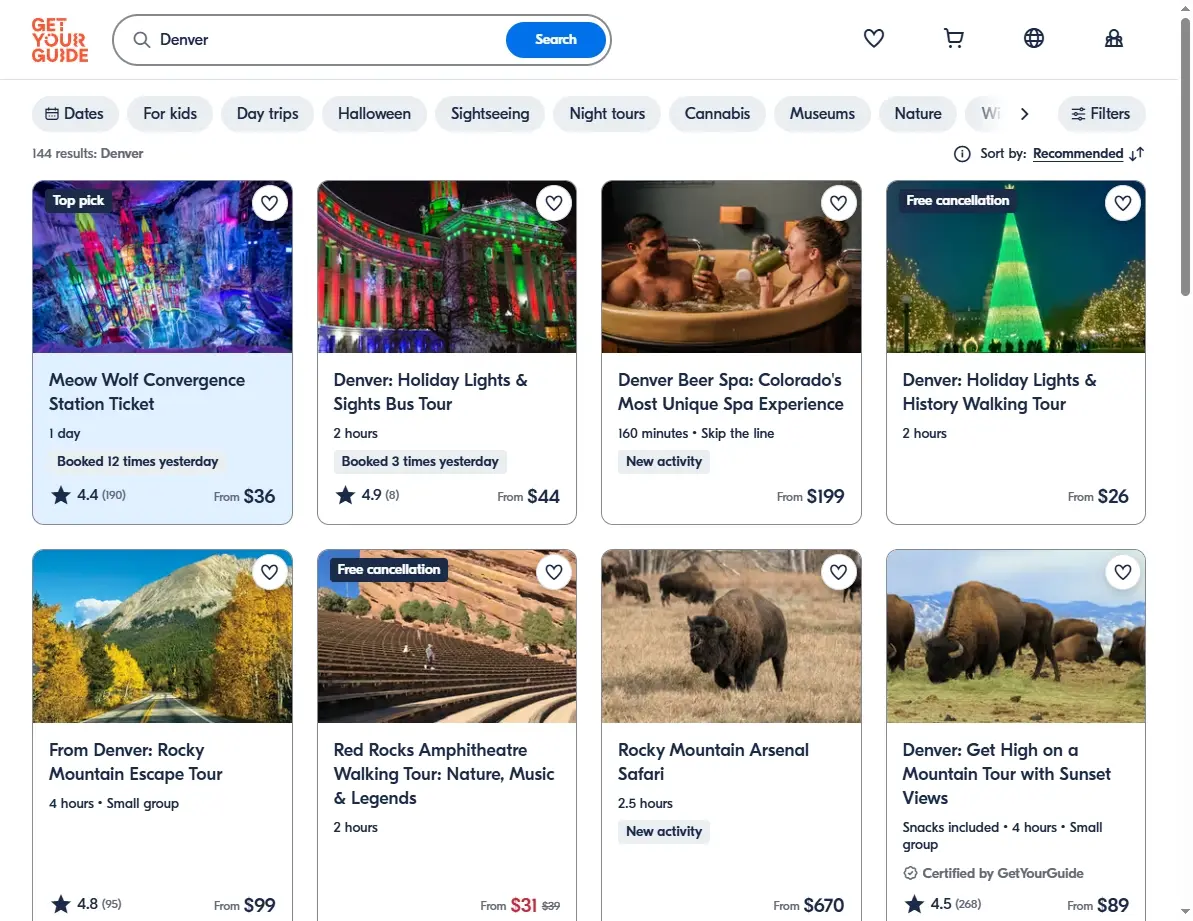 Screenshot of available Denver activities and tours