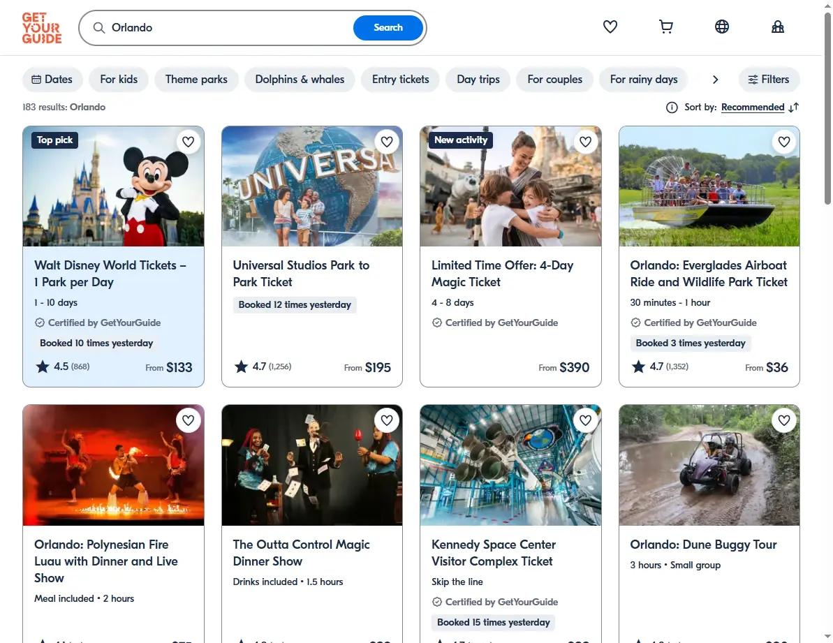 Screenshot of activities and tours available in Orlando on a booking website.