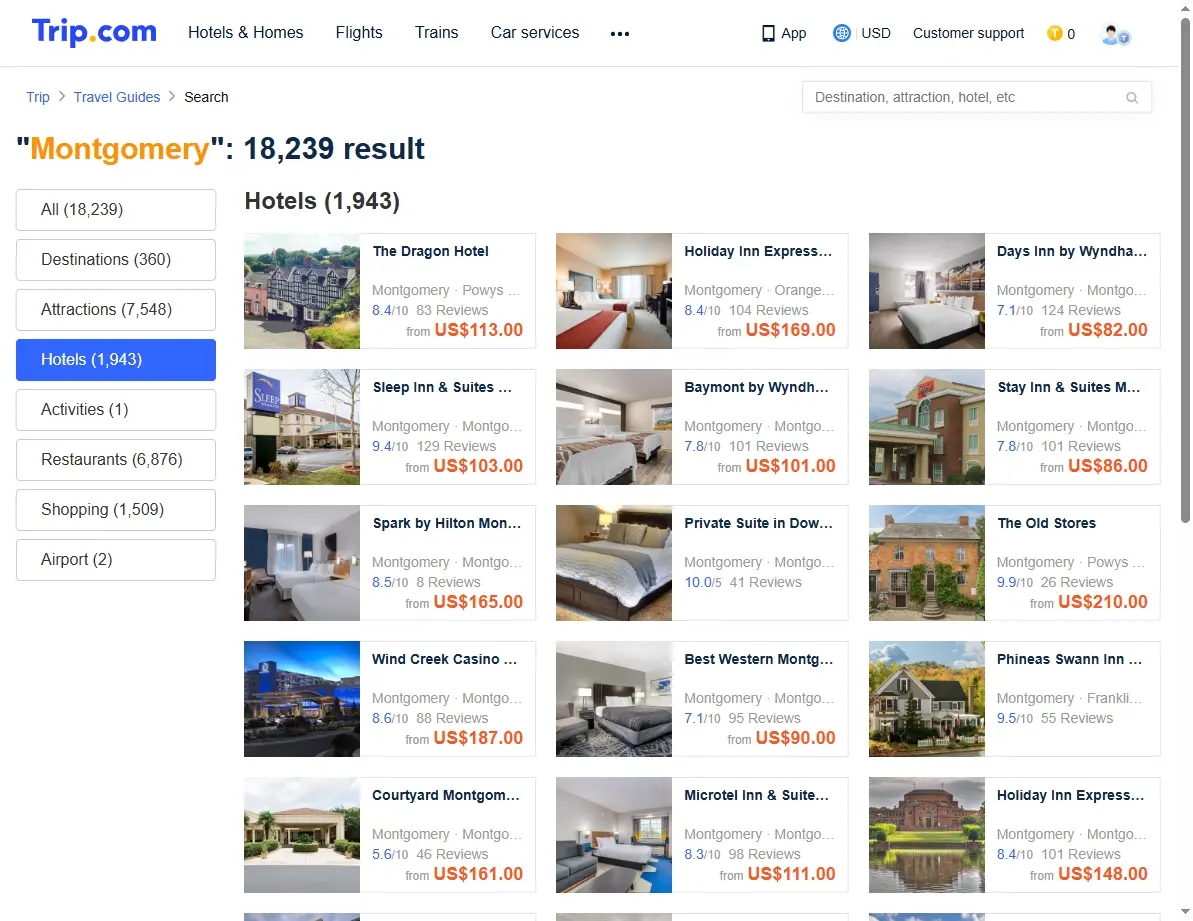 Hotel booking screenshot for Montgomery, AL