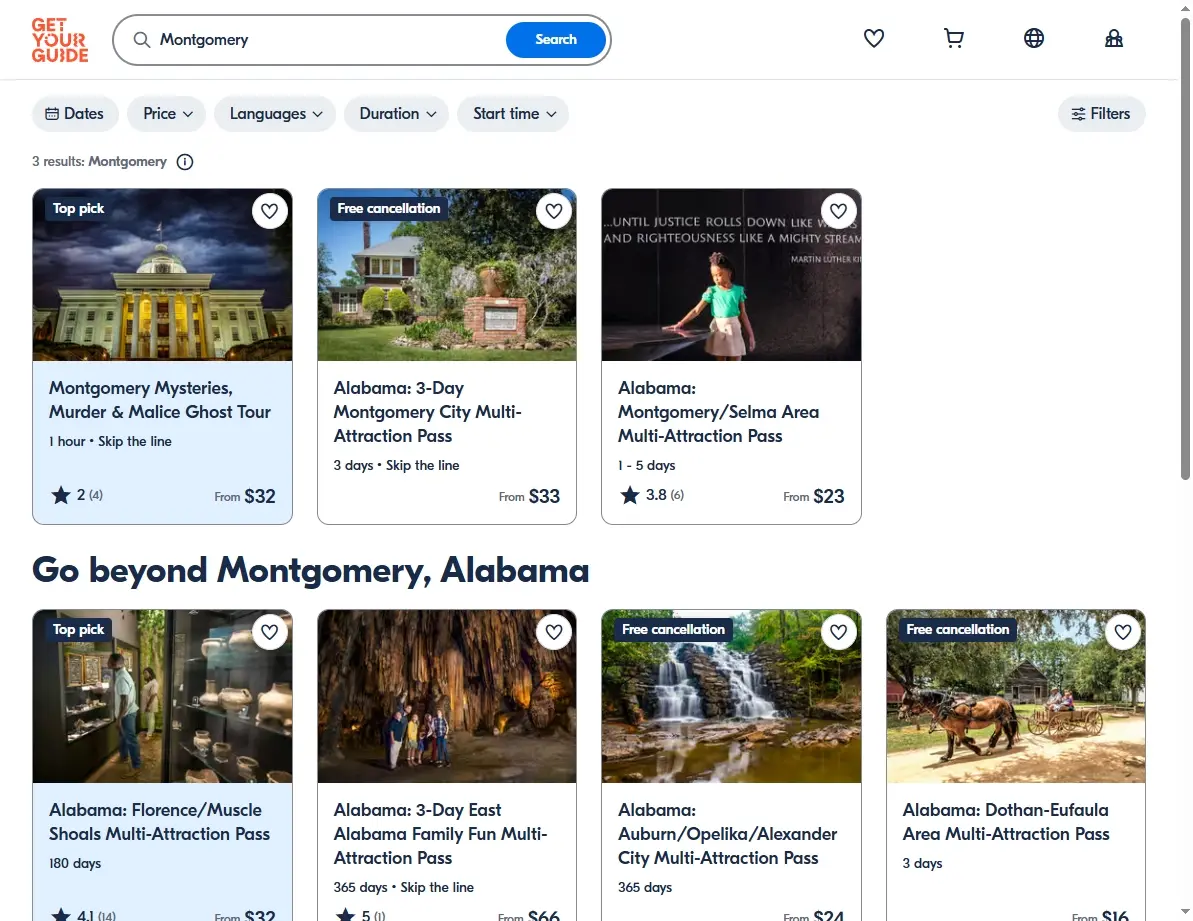Activities booking screenshot for Montgomery, AL