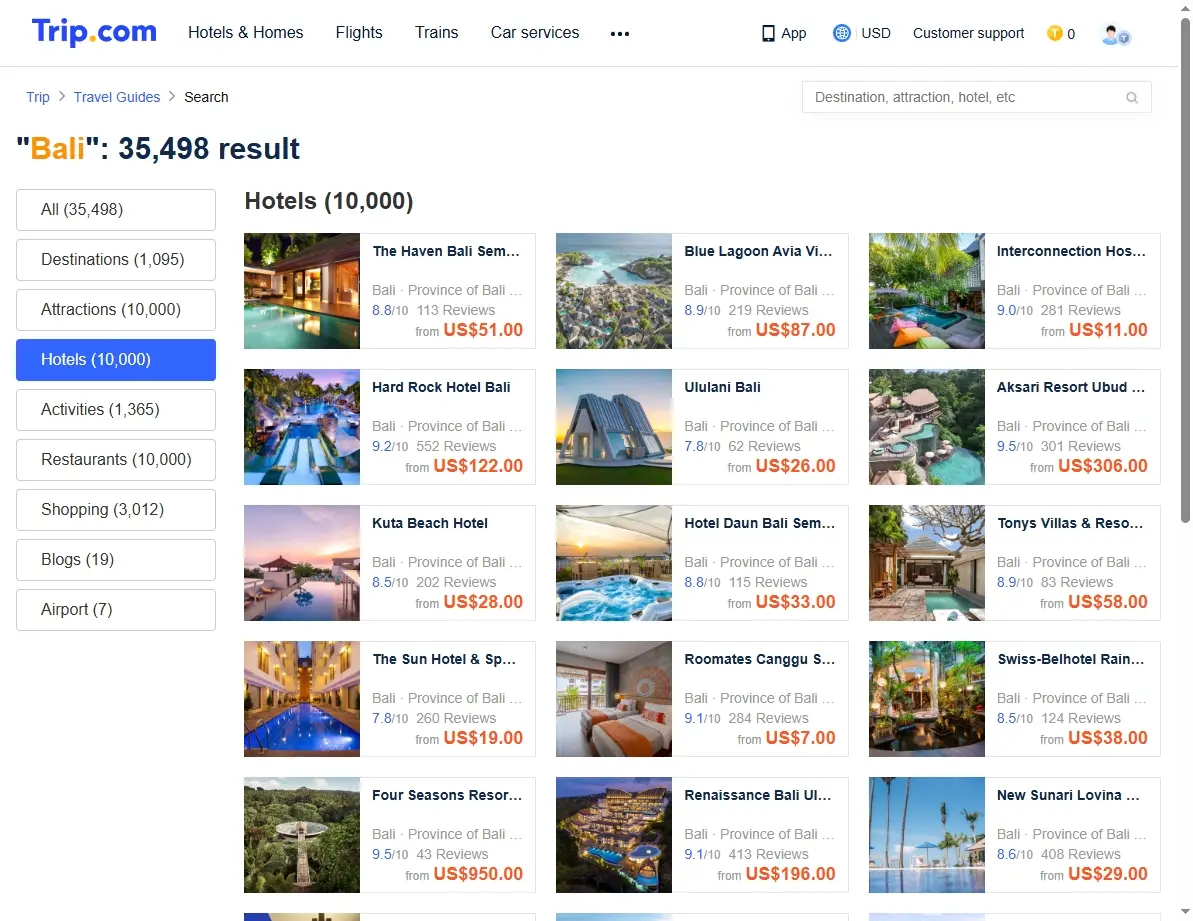 Tropical resort pool in Bali with palm trees and sunbeds, representing hotel deals.