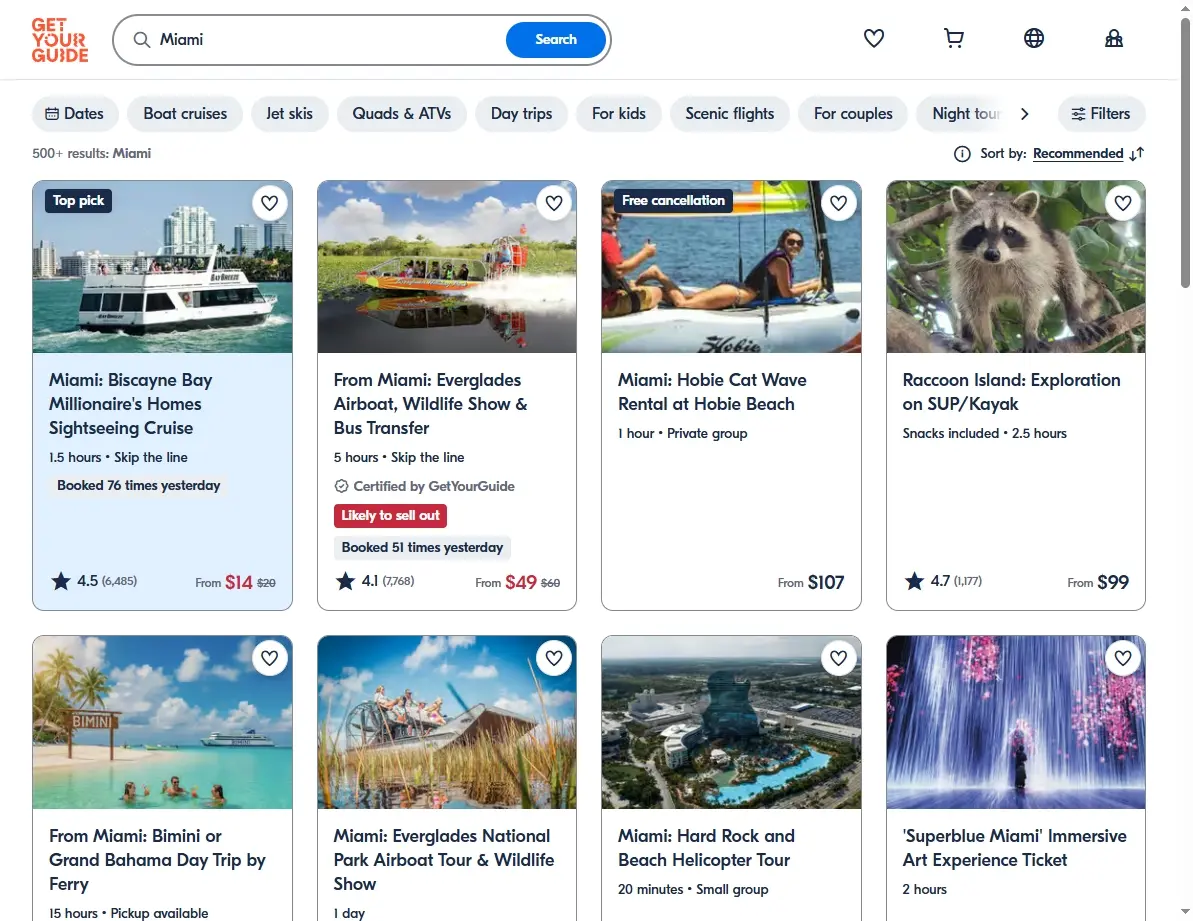 Screenshot of an activity booking website showing tours and attractions in Miami.