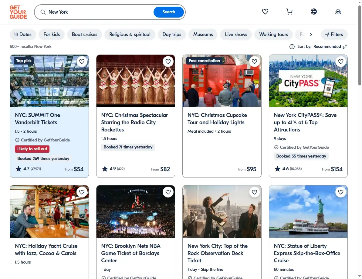 Screenshot of an activity booking website showing tours in New York.