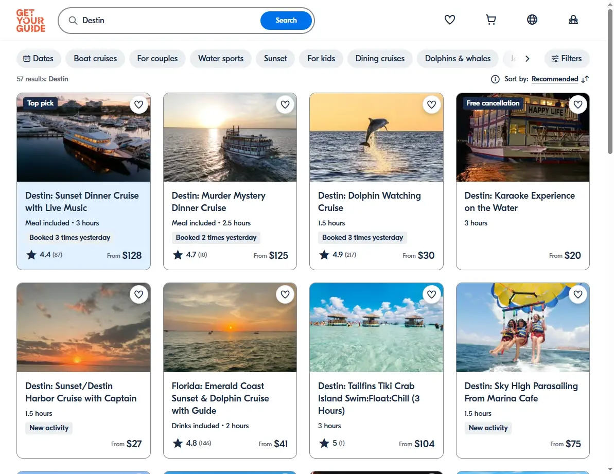 Screenshot of activity booking offers for Destin, Florida.
