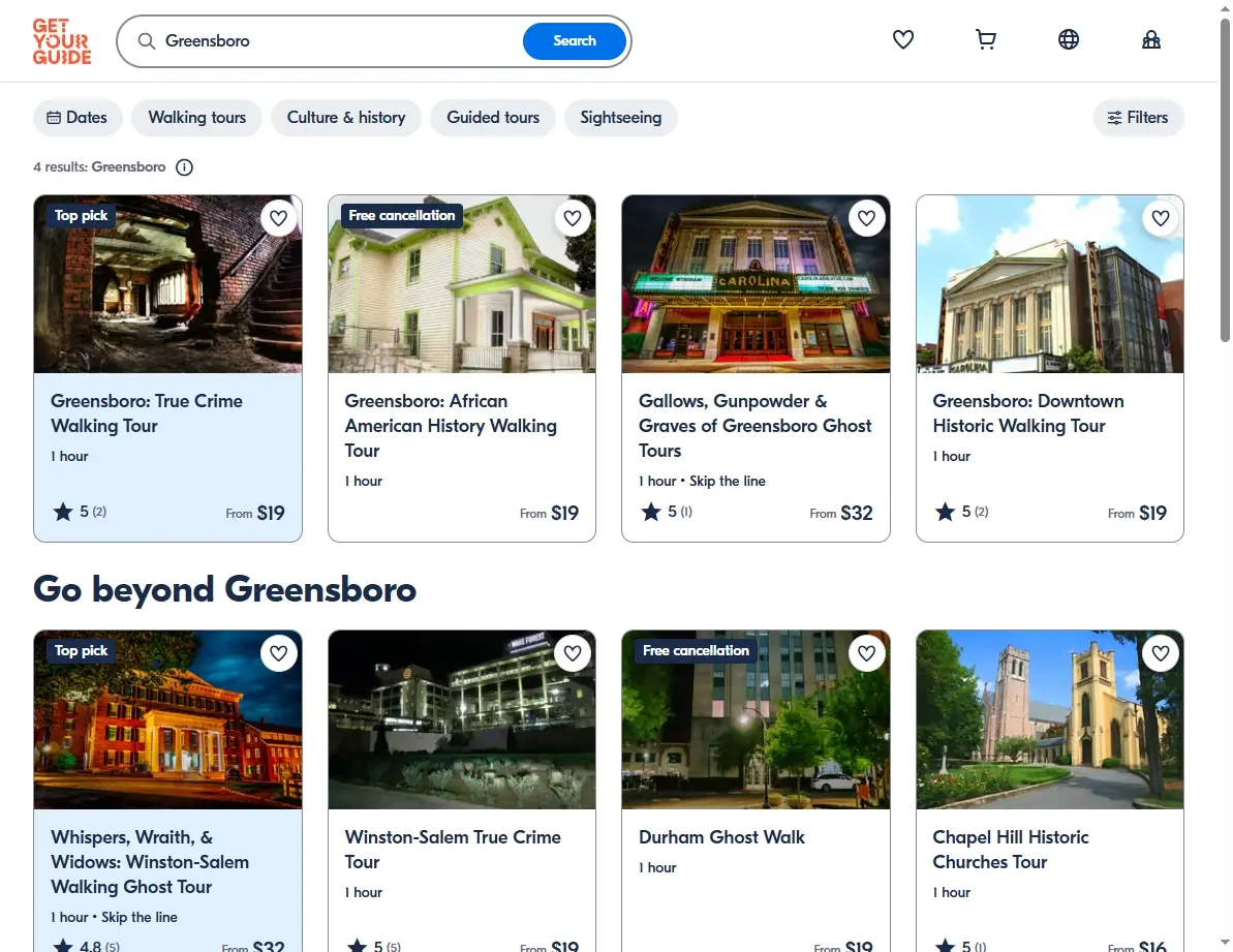 A screenshot of activities and tours available for booking in Greensboro, North Carolina.