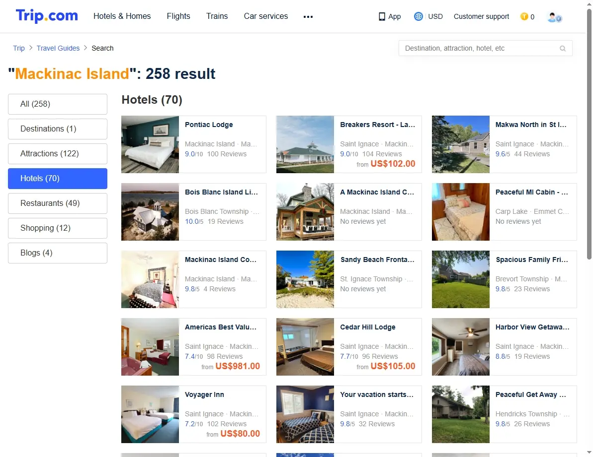 Screenshot of hotel listings and travel deals for Mackinac Island.