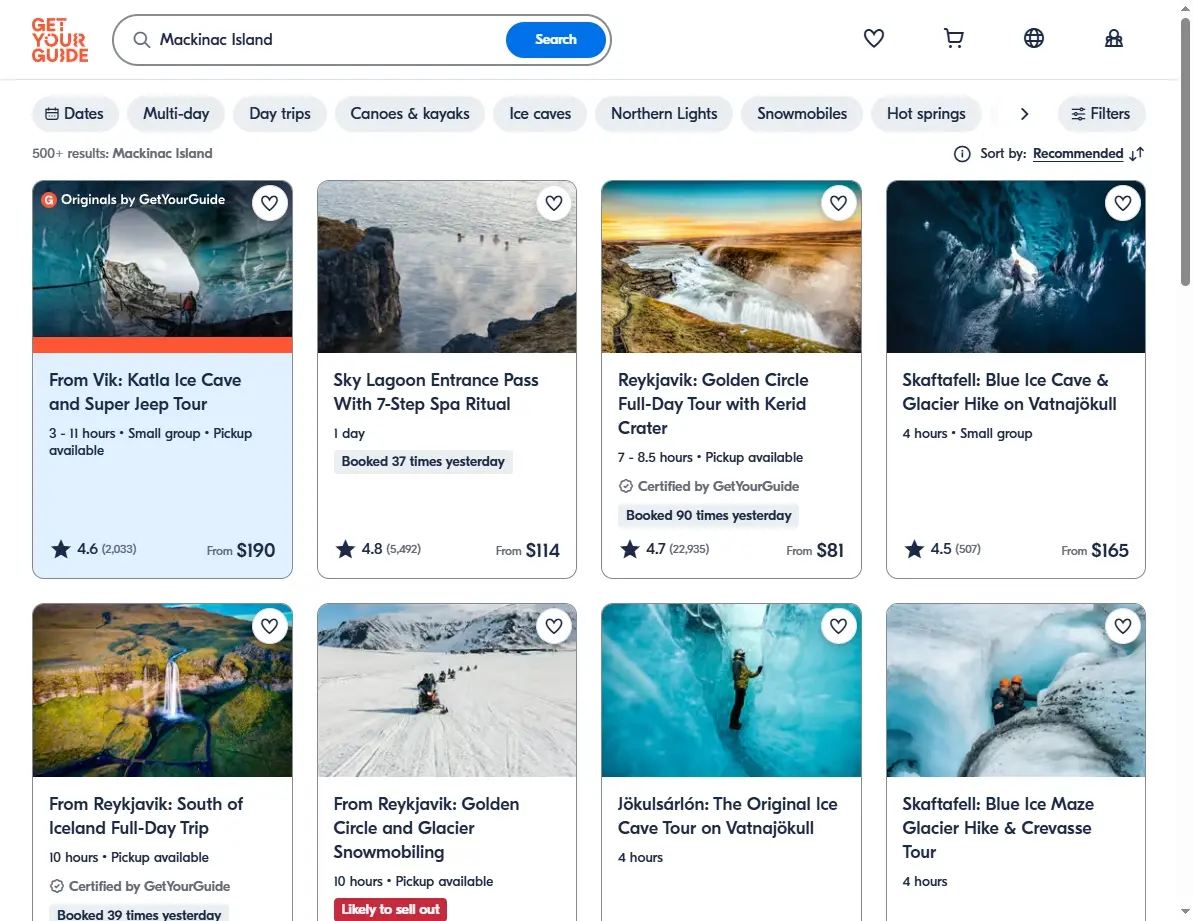 Screenshot of activities and tours available on Mackinac Island.