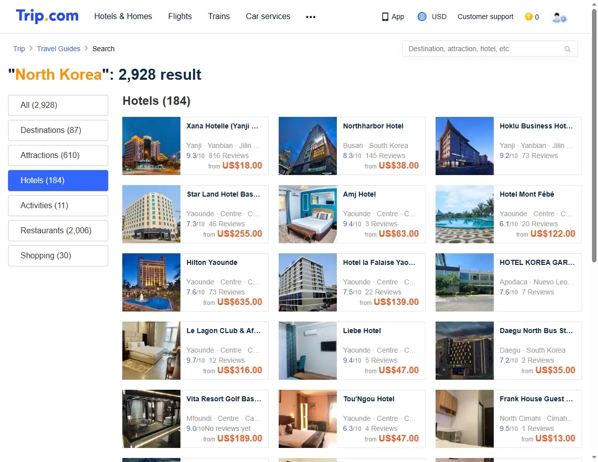 Screenshot of hotel offers in Pyongyang, North Korea