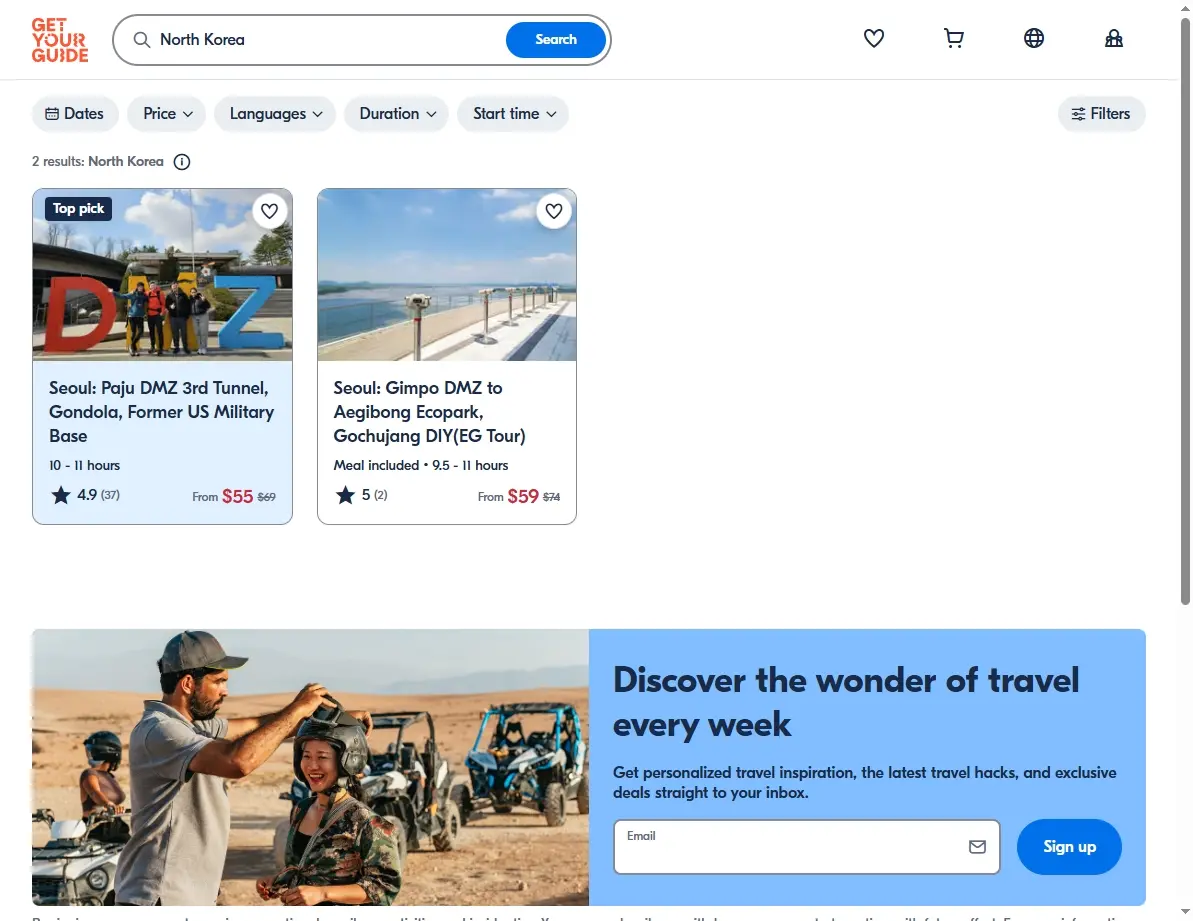 Screenshot of activity and tour offers in Pyongyang, North Korea