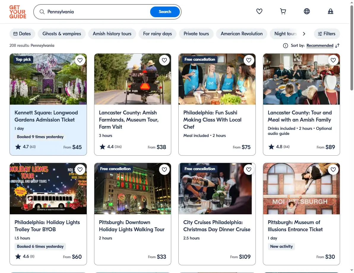 Screenshot of activity booking offers in Pennsylvania on GetYourGuide
