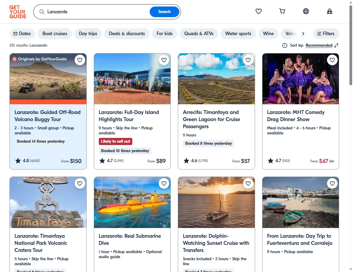 Screenshot of an activity booking site showing a boat trip and volcano tour in Lanzarote.