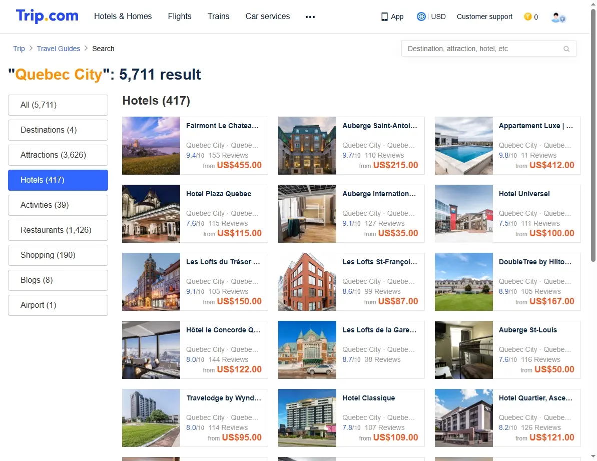 Screenshot showing hotel offers for Quebec City on a booking website.