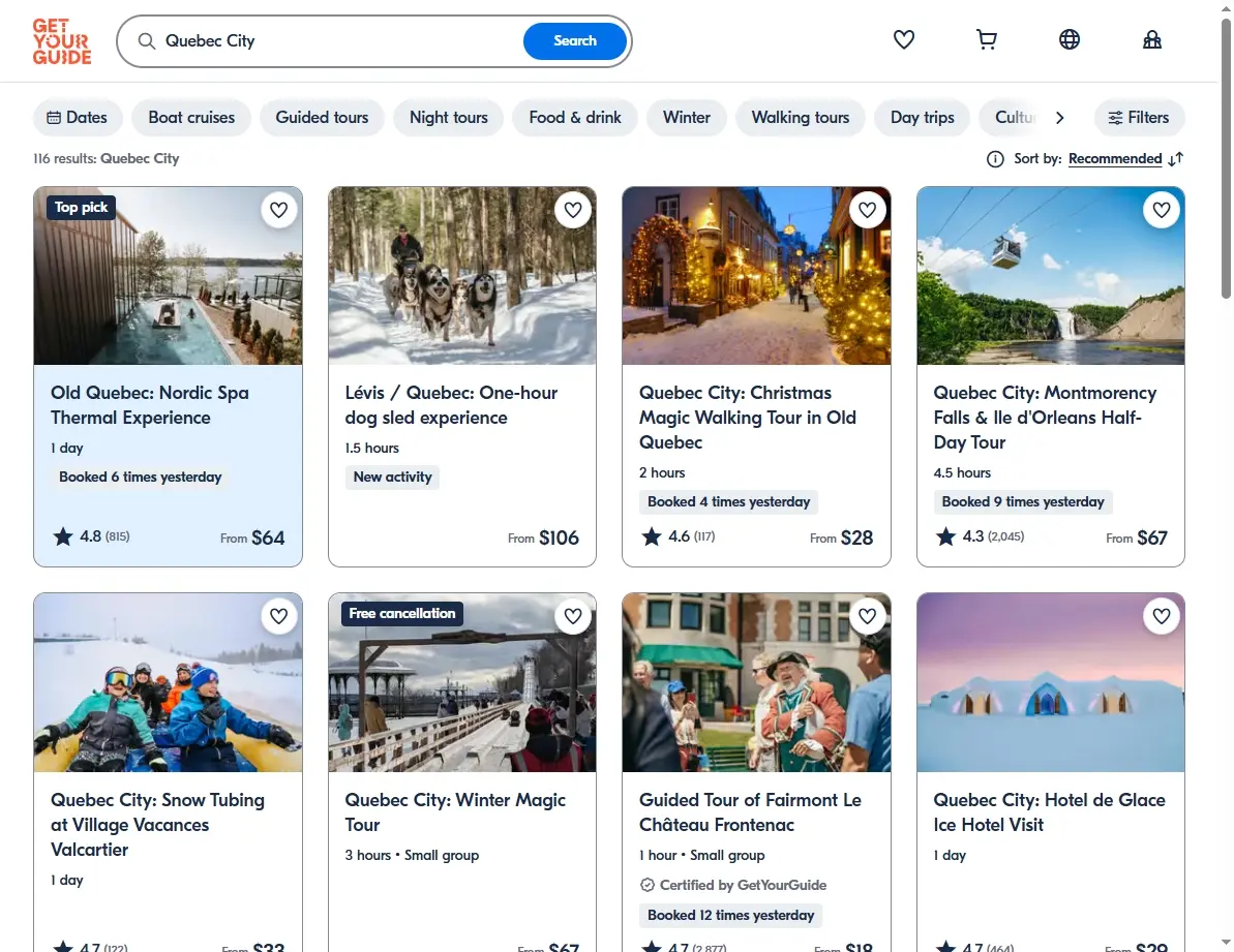 Screenshot showing activities and tours available in Quebec City.