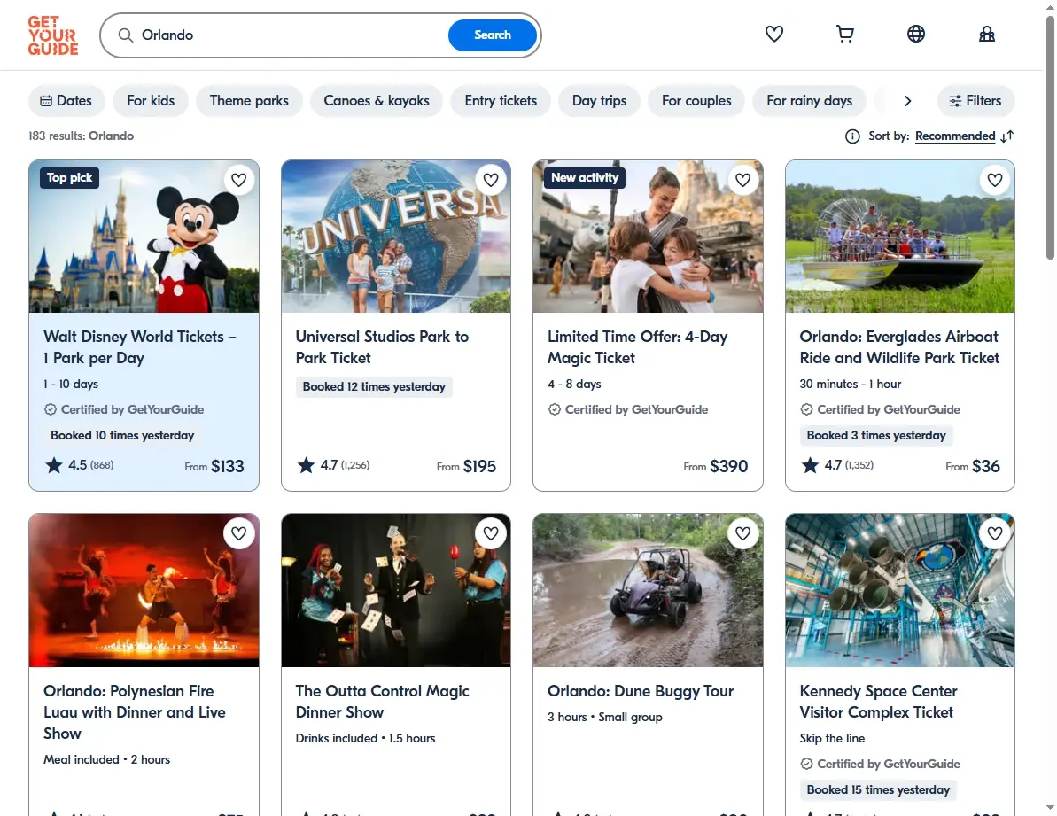 Screenshot of activities and tours in Orlando