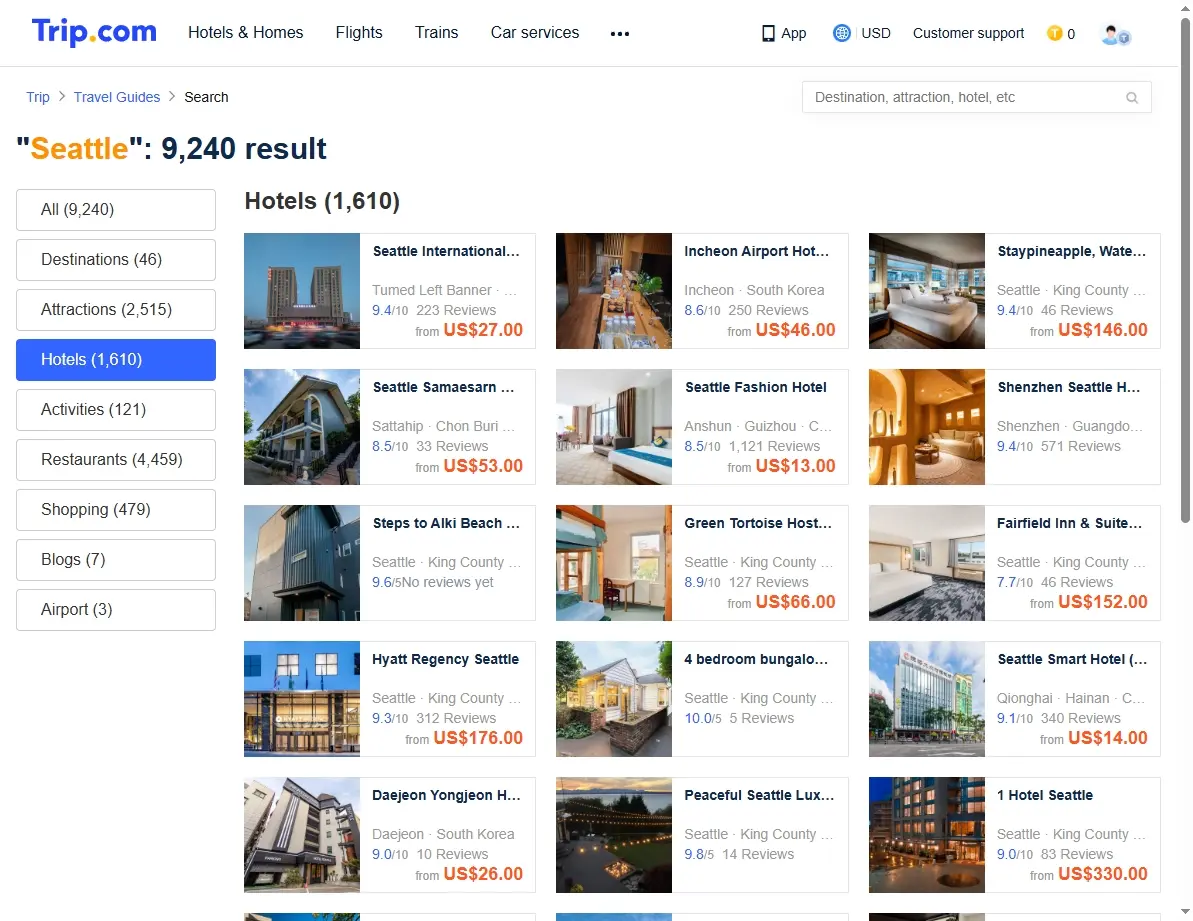 A screenshot showing hotel listings and offers for Seattle on a travel booking website.
