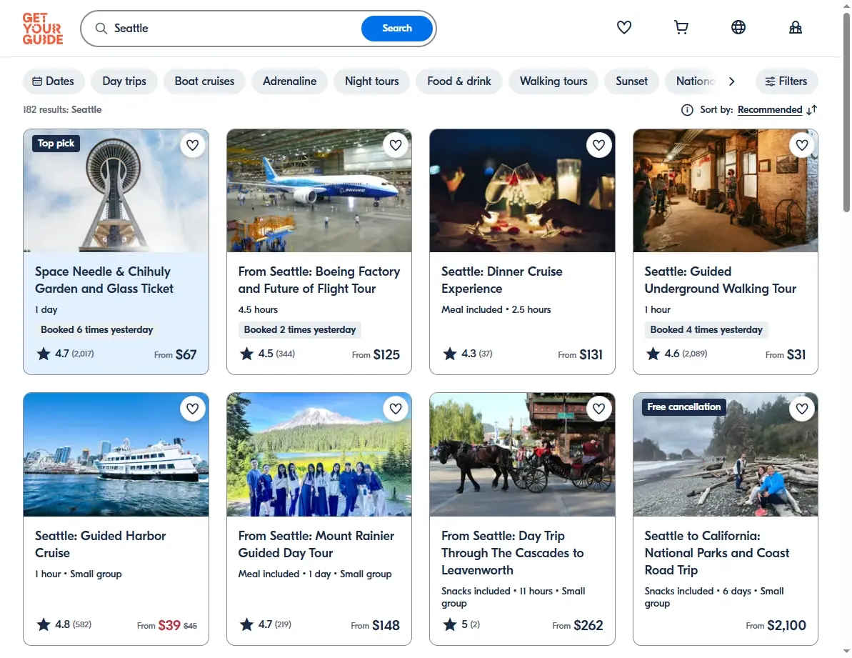 A screenshot showing available activities and tours in Seattle on a guide website.