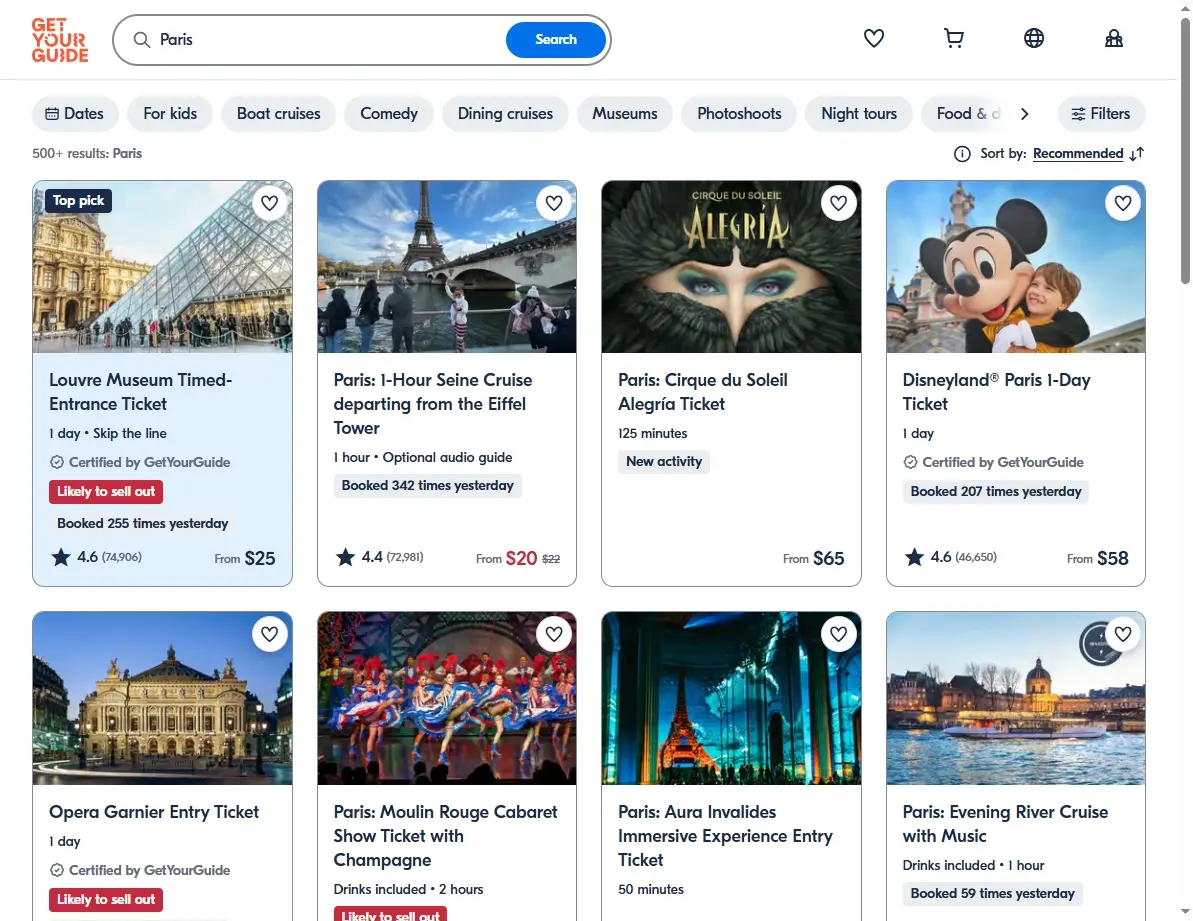 Paris activity tours screenshot.