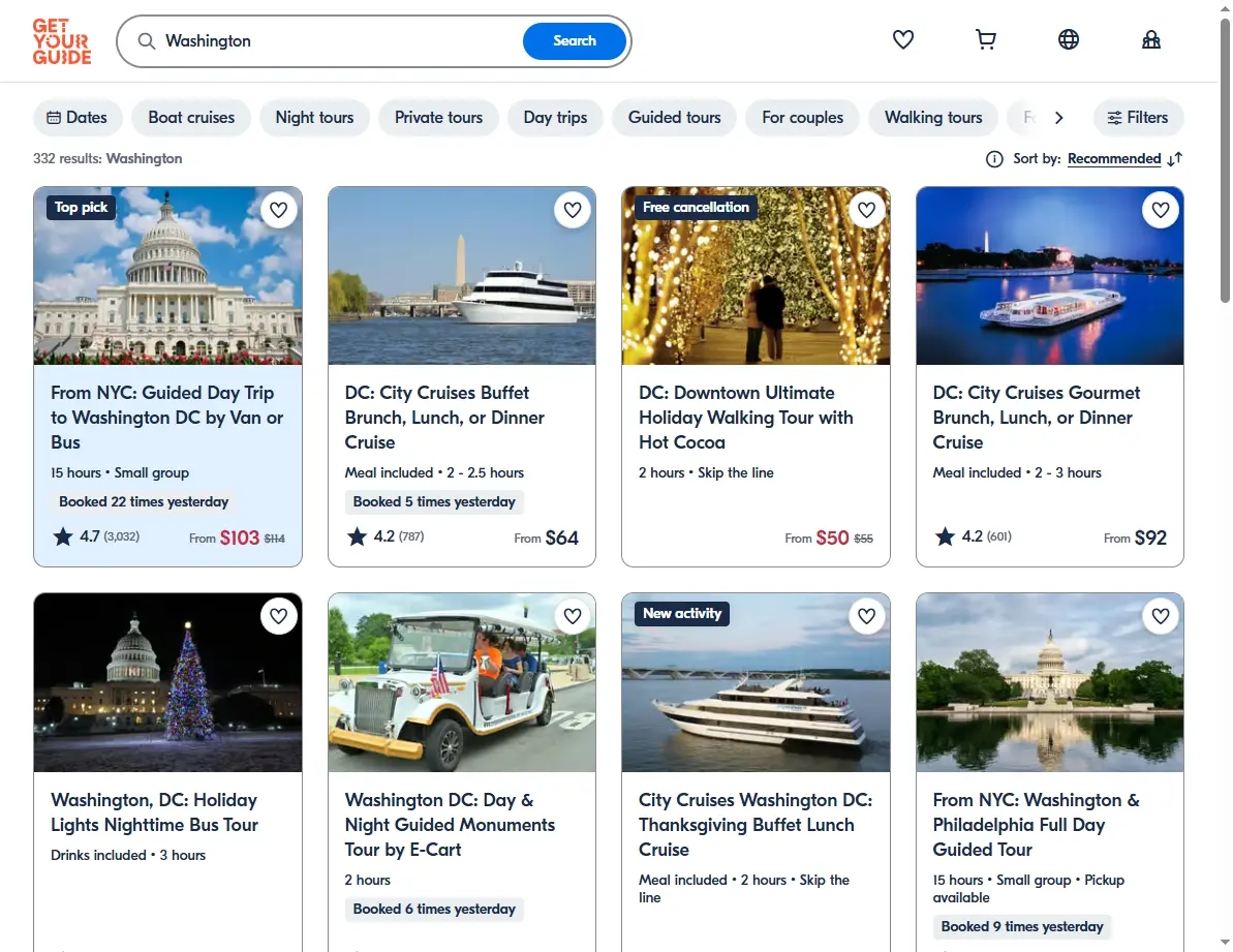 Screenshot of activities and tours available in Washington D.C.