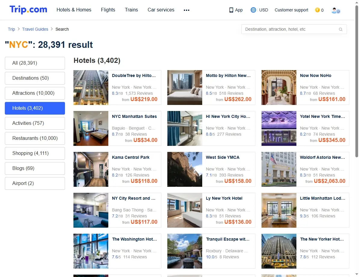 Screenshot of a hotel booking website showing various offers in Washington D.C.