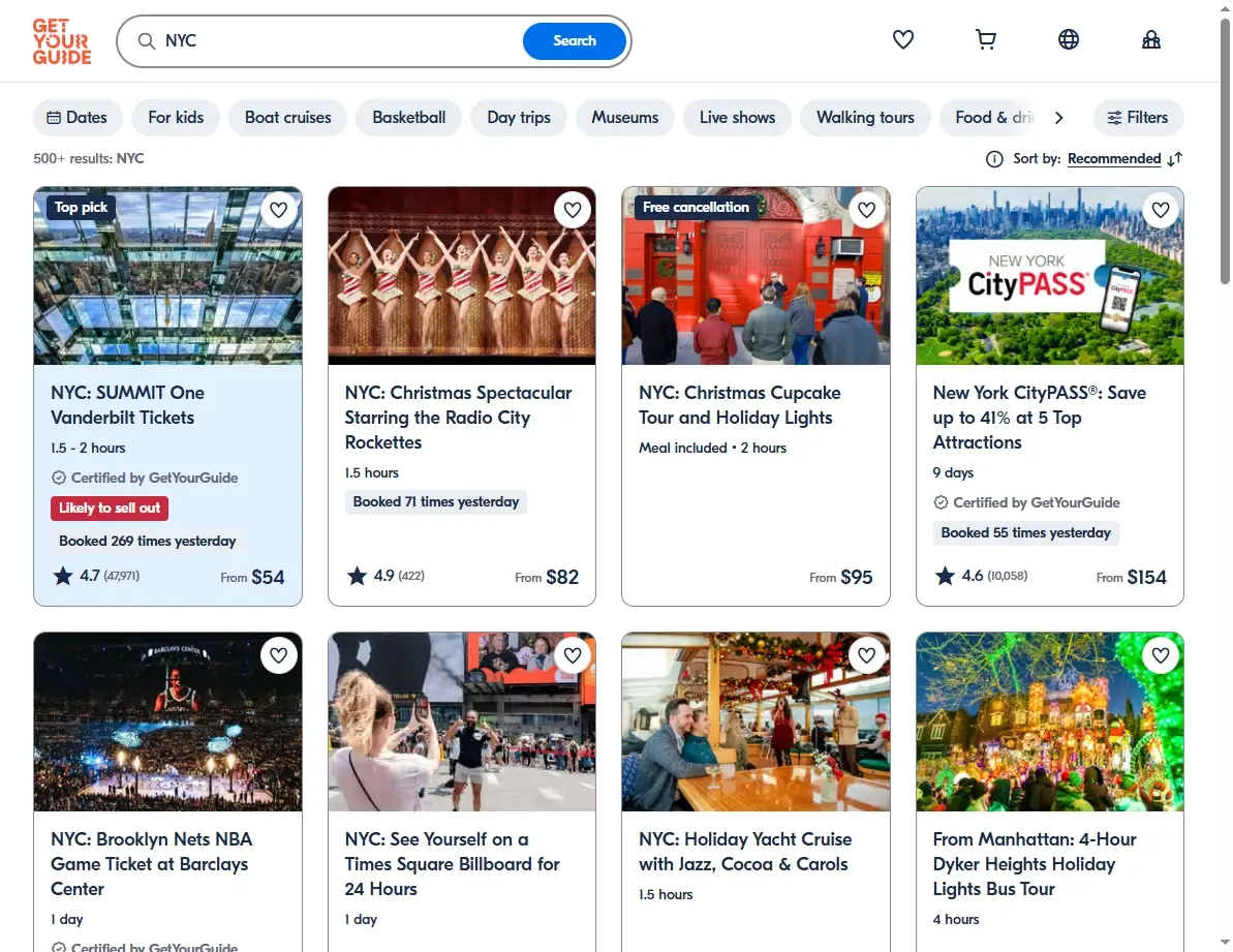 Screenshot of an activity booking website showing museum and tour options in Washington D.C.