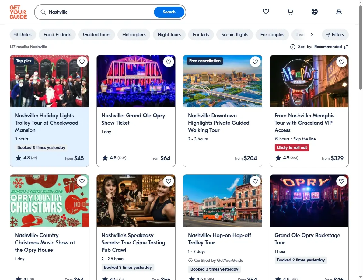 A screenshot showing activities and tours in Nashville.
