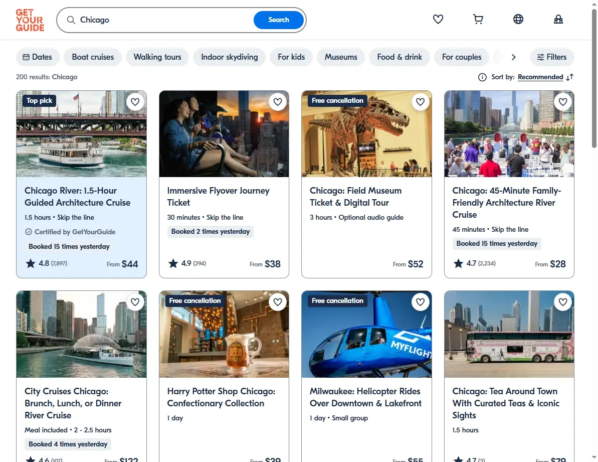 Screenshot of activities and tours available in Chicago, like architectural boat tours and museum passes.