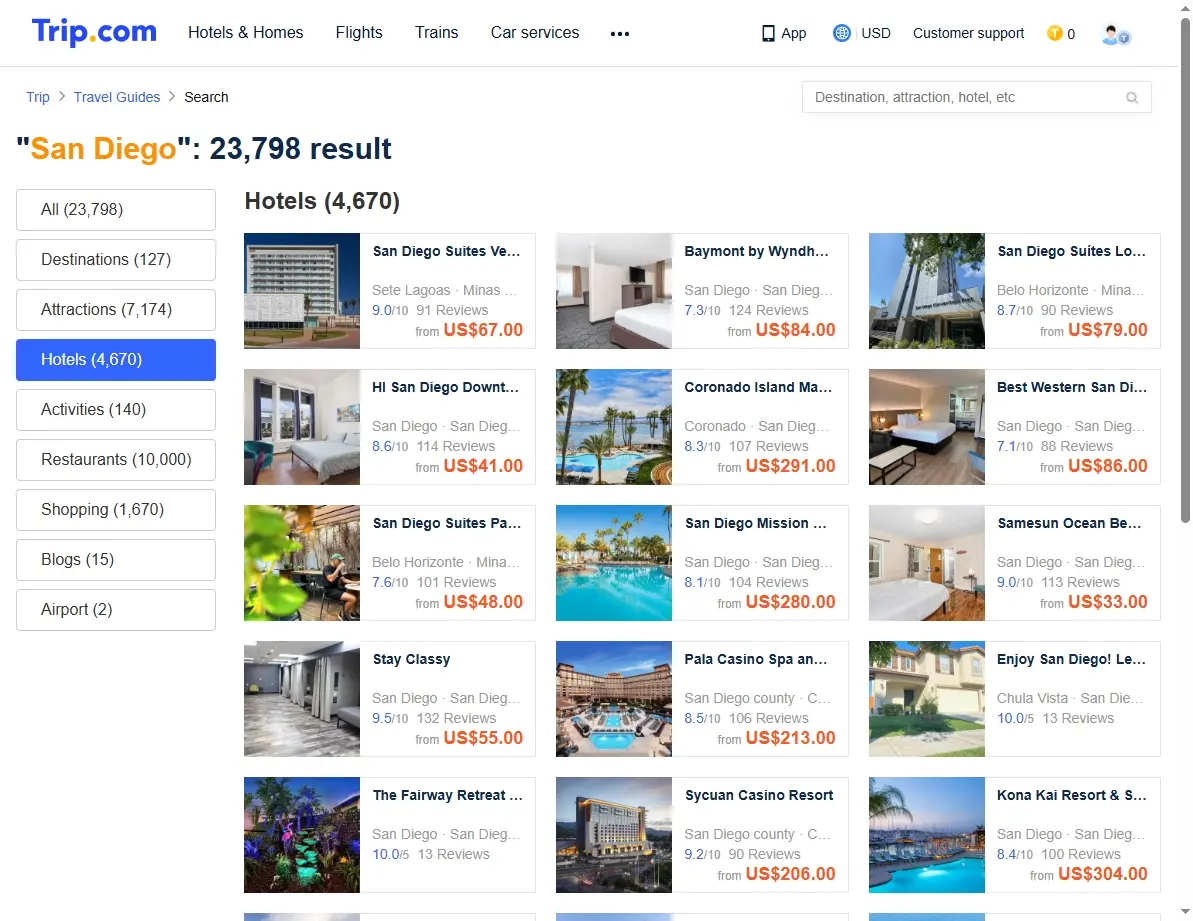 San Diego hotel screenshot with deals