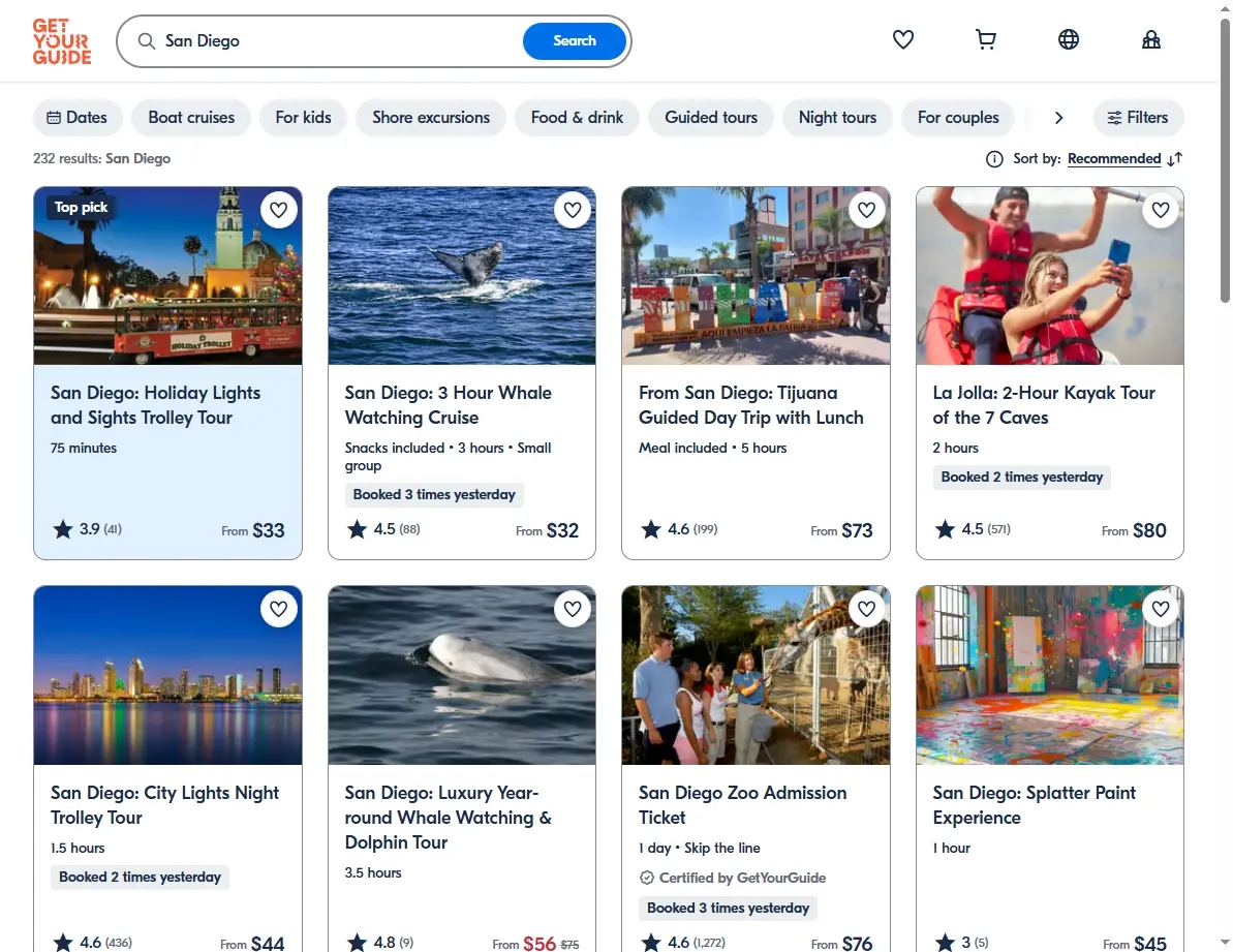 San Diego activities screenshot with offers