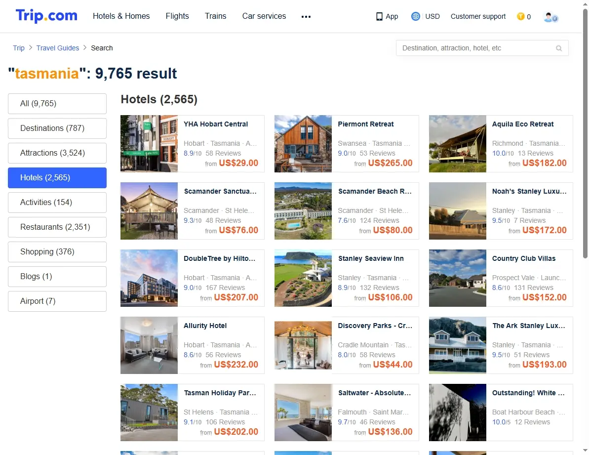 Screenshot of hotel offers in Tasmania on a travel booking site