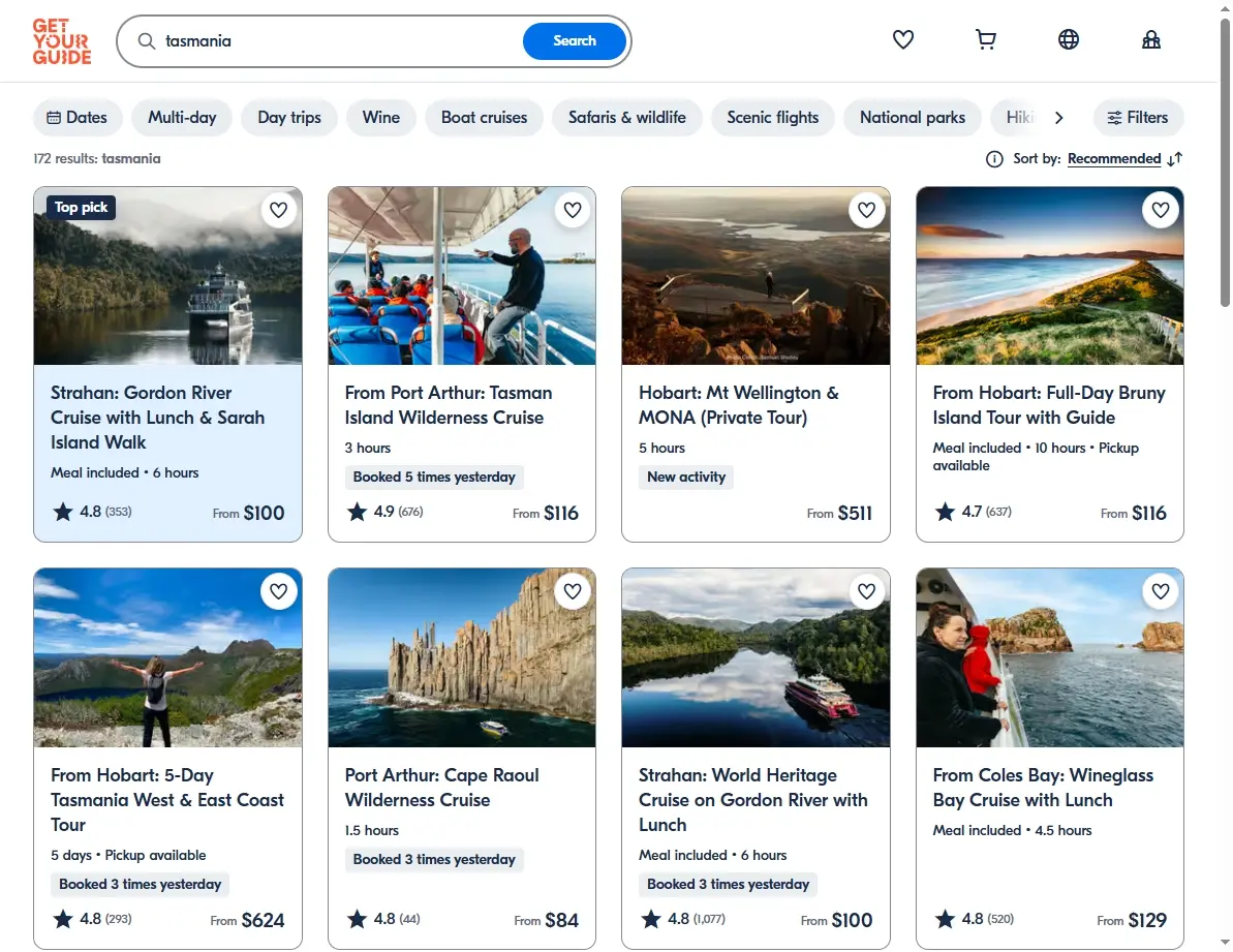 Screenshot of activity and tour offers in Tasmania