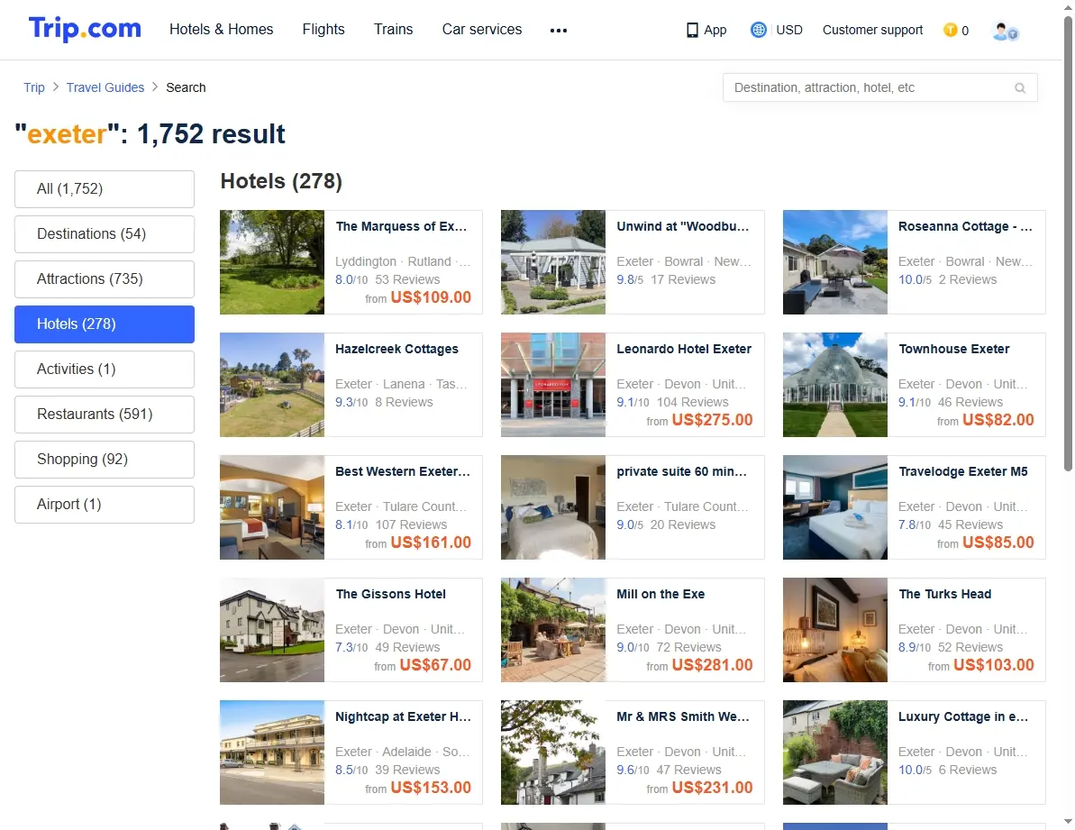 Screenshot of a hotel booking website showing various accommodation options.