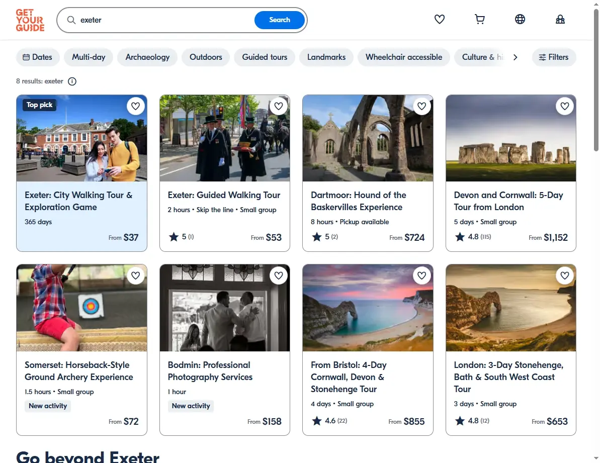 Screenshot of an activities booking website showing popular tours and excursions.
