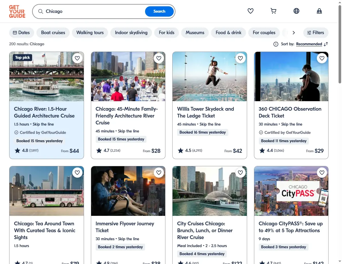 Screenshot showing activities available in Chicago on GetYourGuide