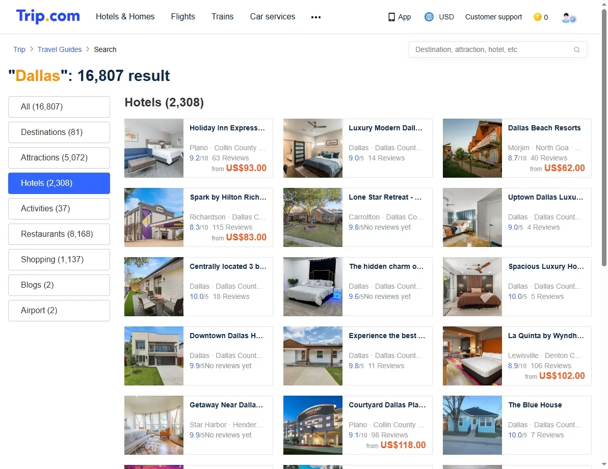 Screenshot of a hotel booking website showing Dallas hotel offers
