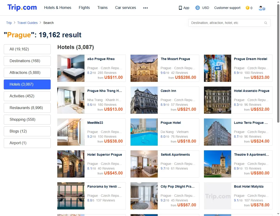 Screenshot of a hotel booking website showing various offers in Prague