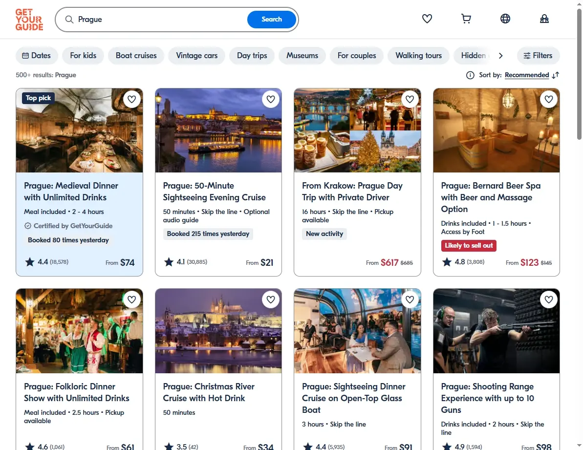 Screenshot of an activities booking website showing popular tours and excursions in Prague
