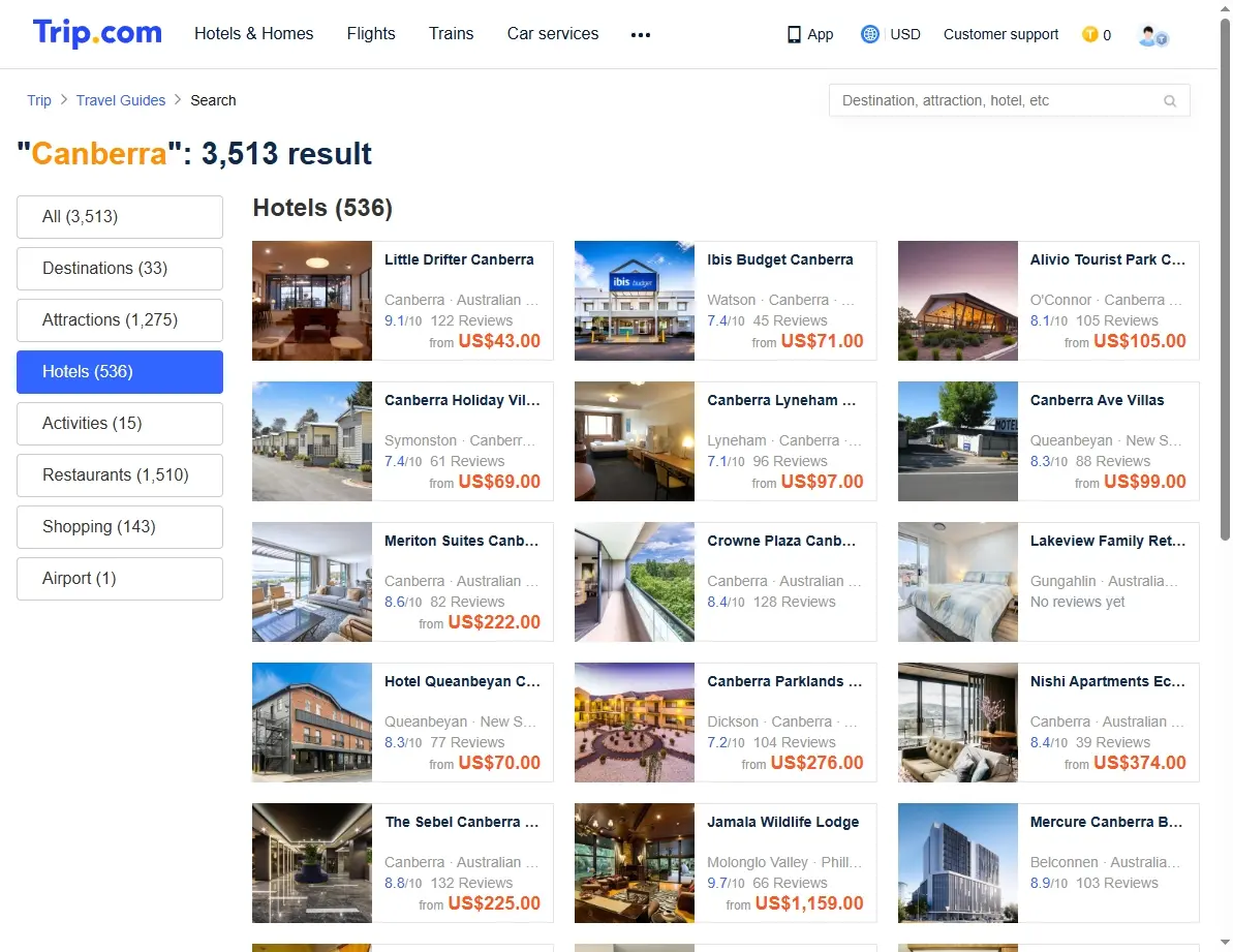 Screenshot of hotel search results for Canberra