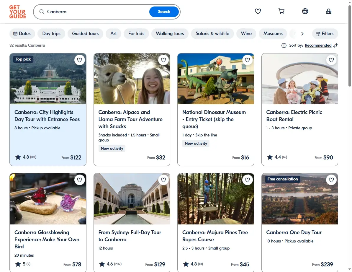 Screenshot of activity and tour search results for Canberra