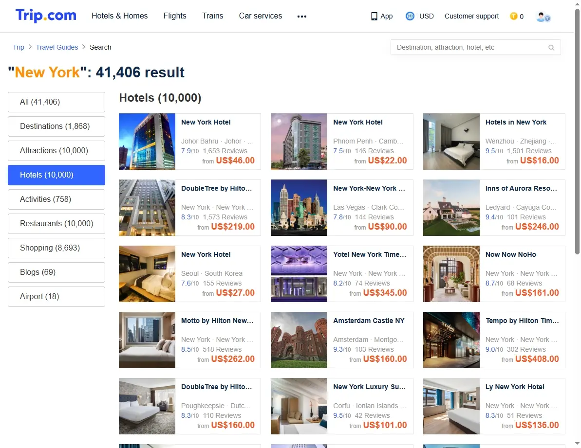 Screenshot of hotel offers in New York City on a booking website