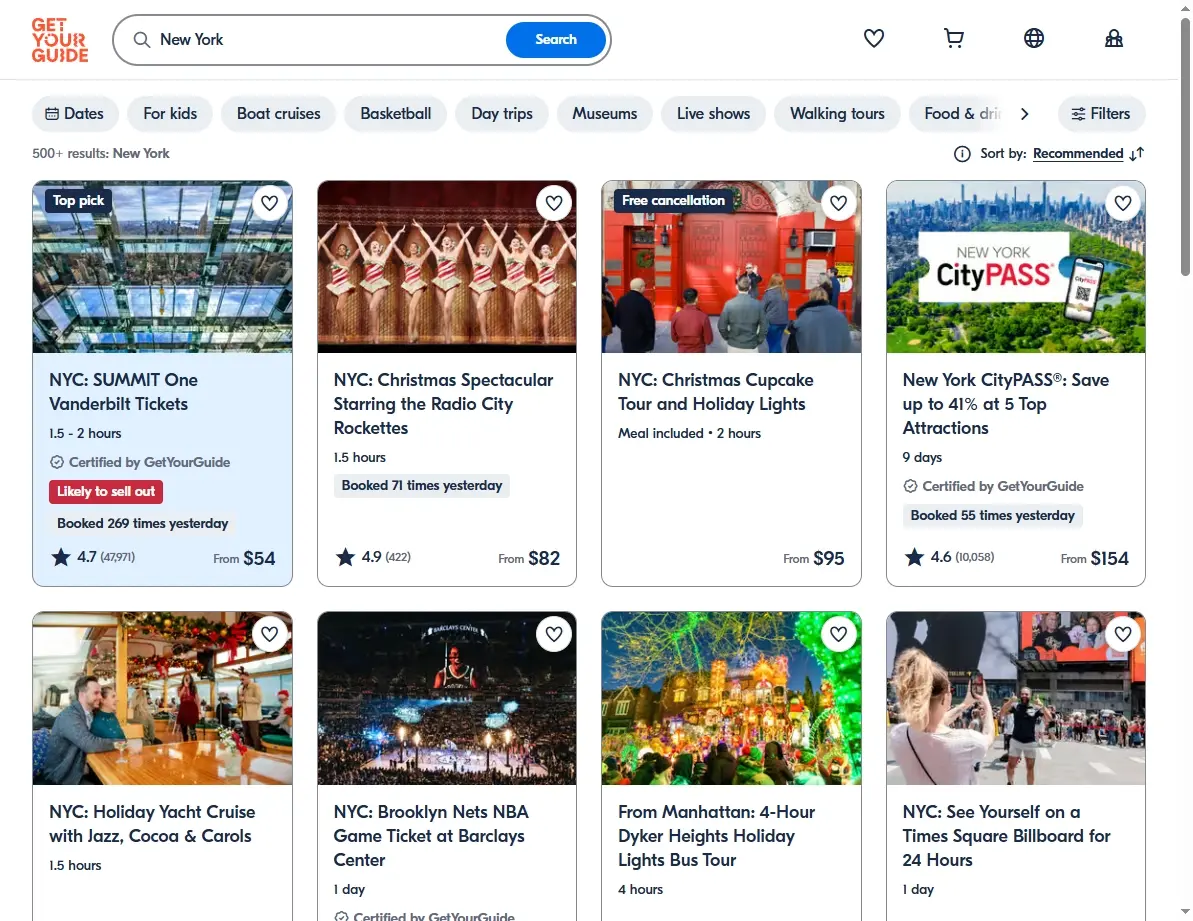 Screenshot of activity and tour offers for New York City