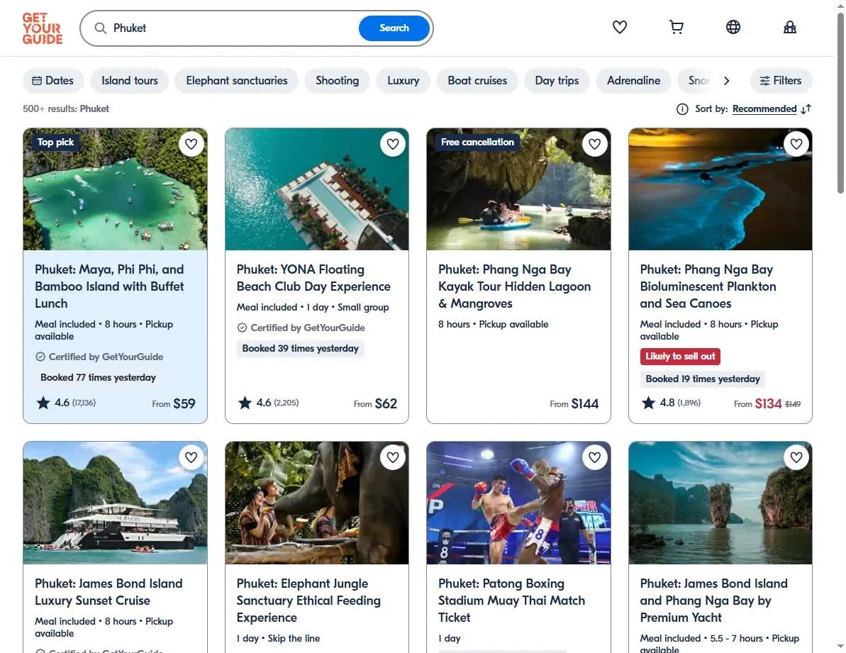 Screenshot showing activities and tours available in Phuket