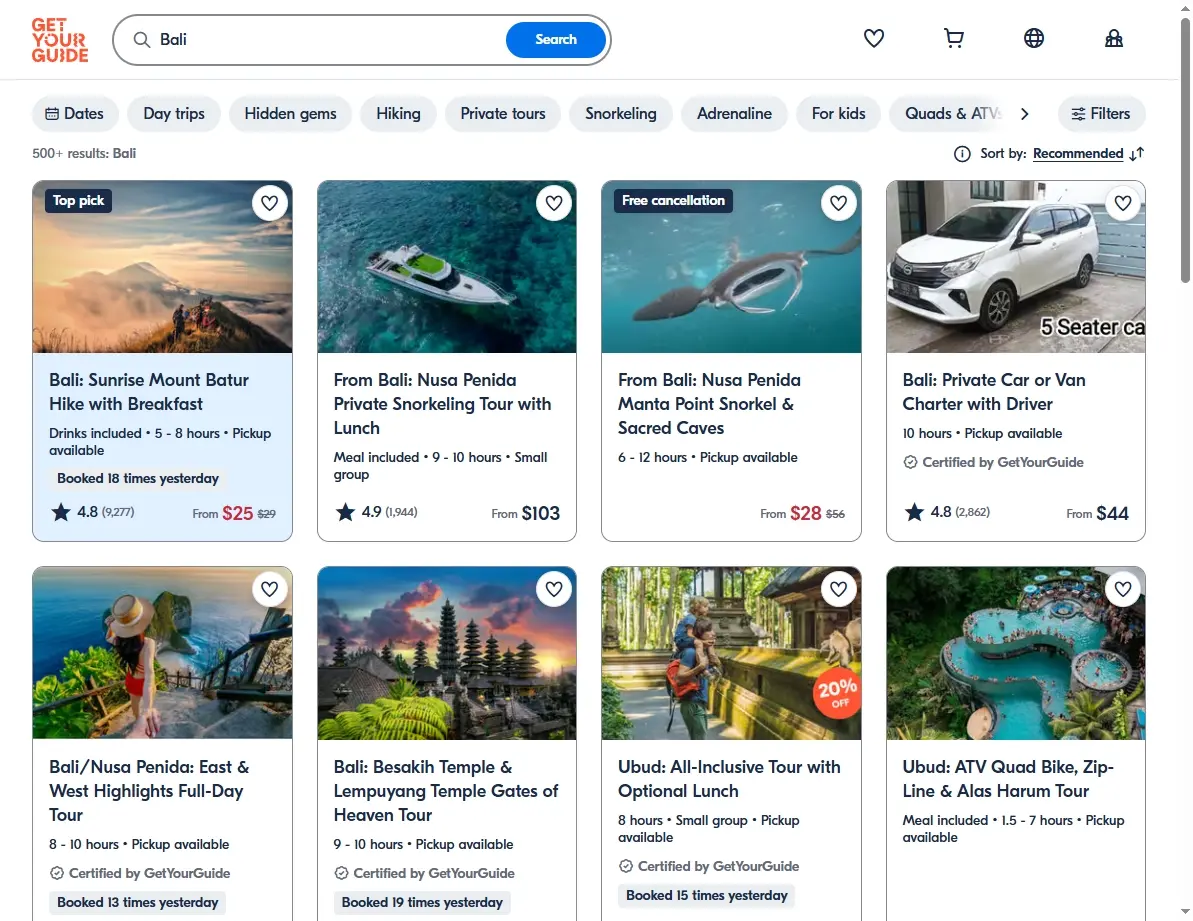 Screenshot of an activity booking website showing tours and attractions in Bali.