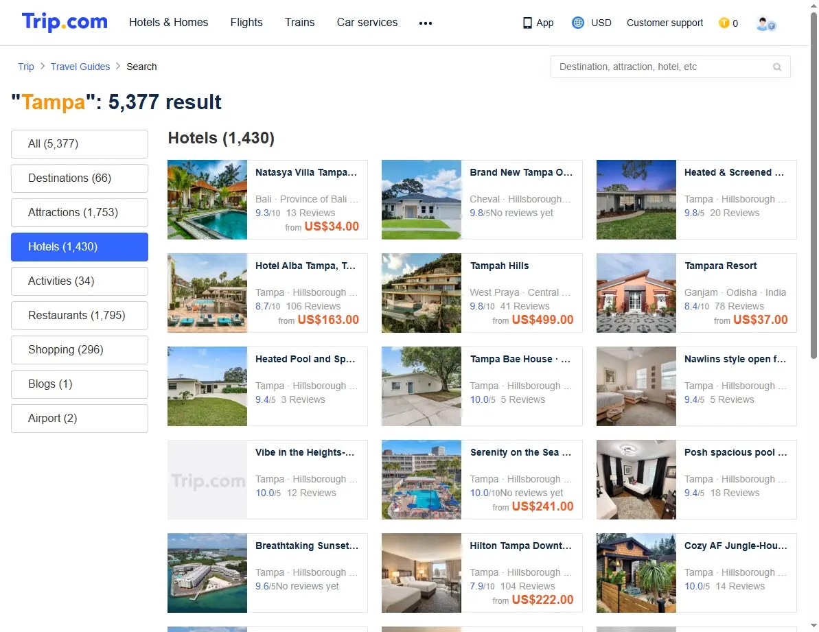 A screenshot showing hotel deals and traveler reviews for hotels in Tampa.