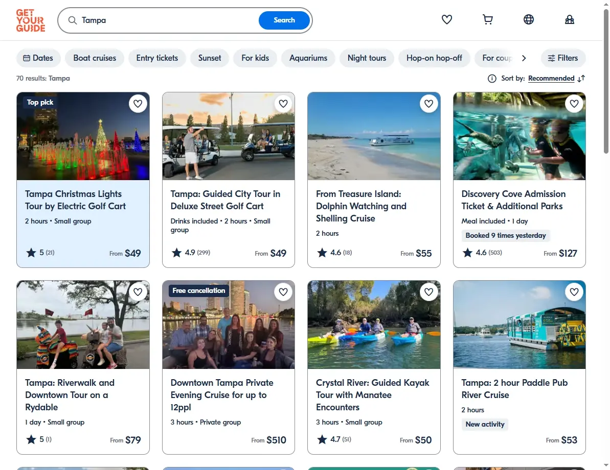 A screenshot showing available activities and tours in the Tampa area.