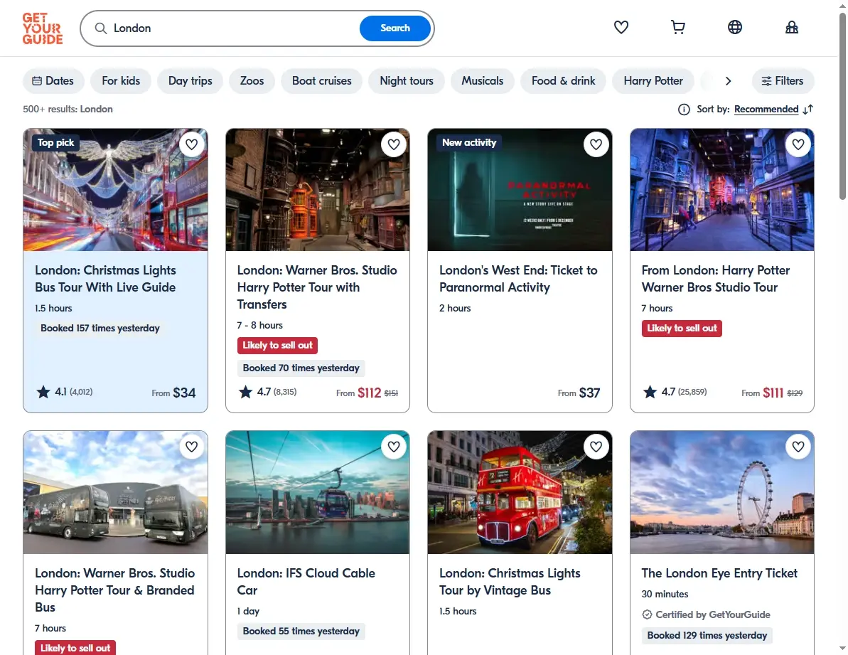 Screenshot of London activities and tours on GetYourGuide